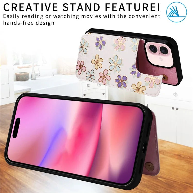 For iPhone 16 Case Flower Leather+TPU Phone Cover RFID Blocking Card Slots