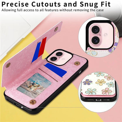 For iPhone 16 Case Flower Leather+TPU Phone Cover RFID Blocking Card Slots