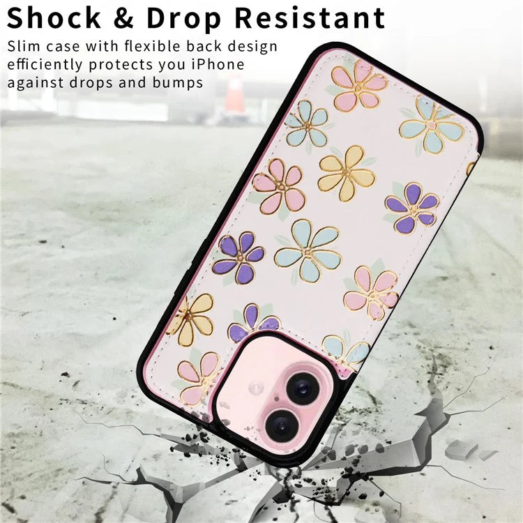 For iPhone 16 Case Flower Leather+TPU Phone Cover RFID Blocking Card Slots