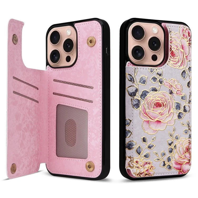 For iPhone 16 Pro Case Flower Leather+TPU RFID Blocking Card Slots Phone Cover