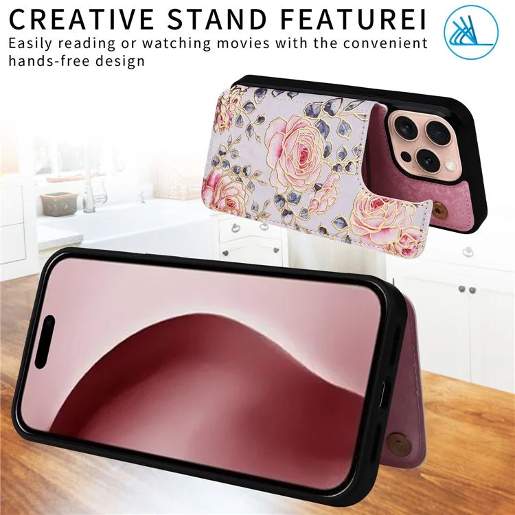 For iPhone 16 Pro Case Flower Leather+TPU RFID Blocking Card Slots Phone Cover