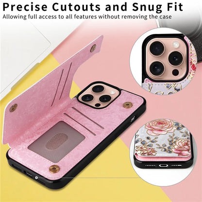 For iPhone 16 Pro Case Flower Leather+TPU RFID Blocking Card Slots Phone Cover