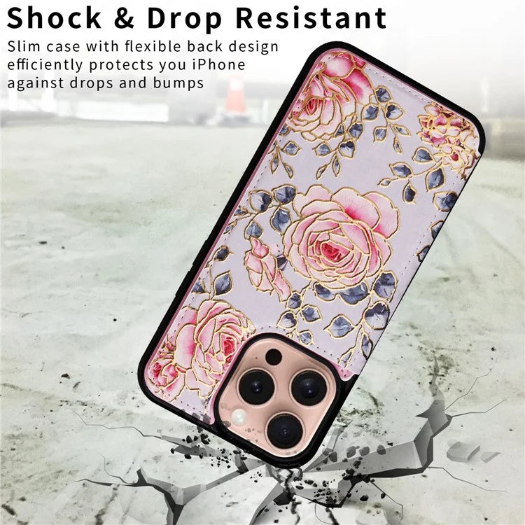 For iPhone 16 Pro Case Flower Leather+TPU RFID Blocking Card Slots Phone Cover