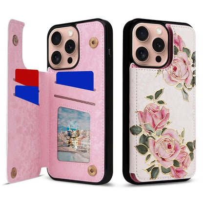 For iPhone 16 Pro Case Flower Leather+TPU RFID Blocking Card Slots Phone Cover