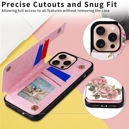 For iPhone 16 Pro Case Flower Leather+TPU RFID Blocking Card Slots Phone Cover