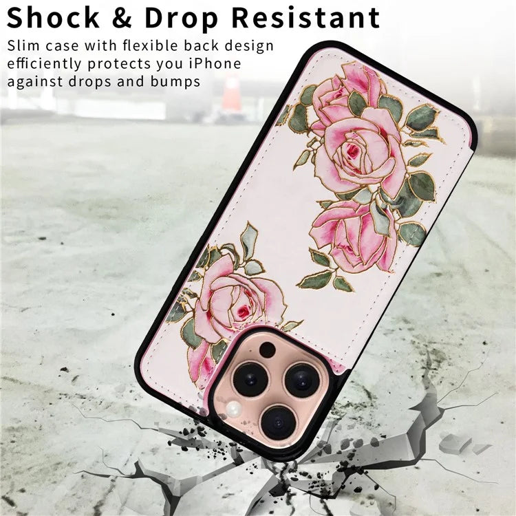 For iPhone 16 Pro Case Flower Leather+TPU RFID Blocking Card Slots Phone Cover