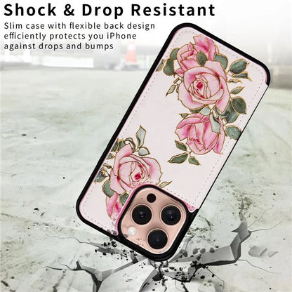 For iPhone 16 Pro Case Flower Leather+TPU RFID Blocking Card Slots Phone Cover
