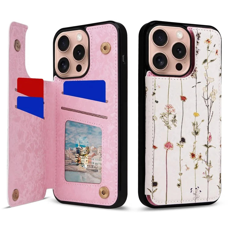 For iPhone 16 Pro Case Flower Leather+TPU RFID Blocking Card Slots Phone Cover