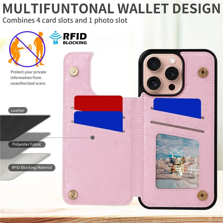 For iPhone 16 Pro Case Flower Leather+TPU RFID Blocking Card Slots Phone Cover