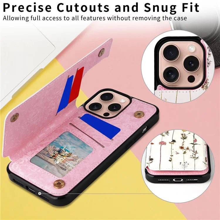 For iPhone 16 Pro Case Flower Leather+TPU RFID Blocking Card Slots Phone Cover