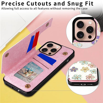 For iPhone 16 Pro Case Flower Leather+TPU RFID Blocking Card Slots Phone Cover