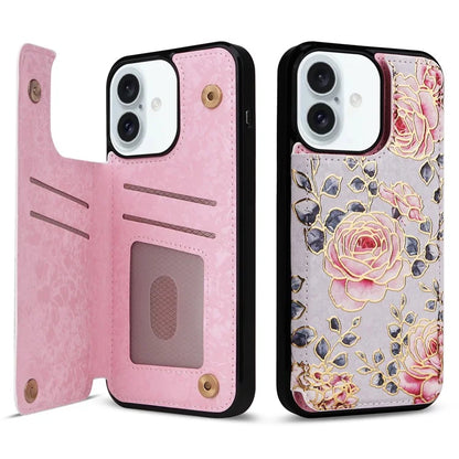 For iPhone 16 Plus Card Slots Case Flower Leather+TPU Phone Cover RFID Blocking