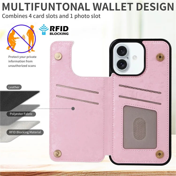 For iPhone 16 Plus Card Slots Case Flower Leather+TPU Phone Cover RFID Blocking