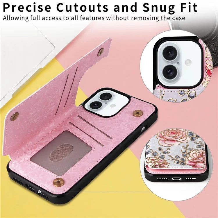For iPhone 16 Plus Card Slots Case Flower Leather+TPU Phone Cover RFID Blocking