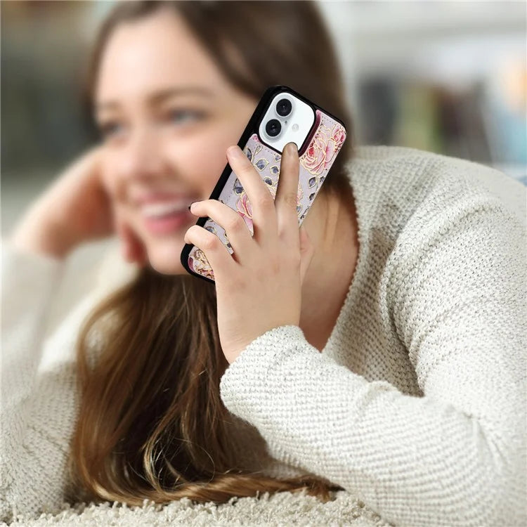 For iPhone 16 Plus Card Slots Case Flower Leather+TPU Phone Cover RFID Blocking