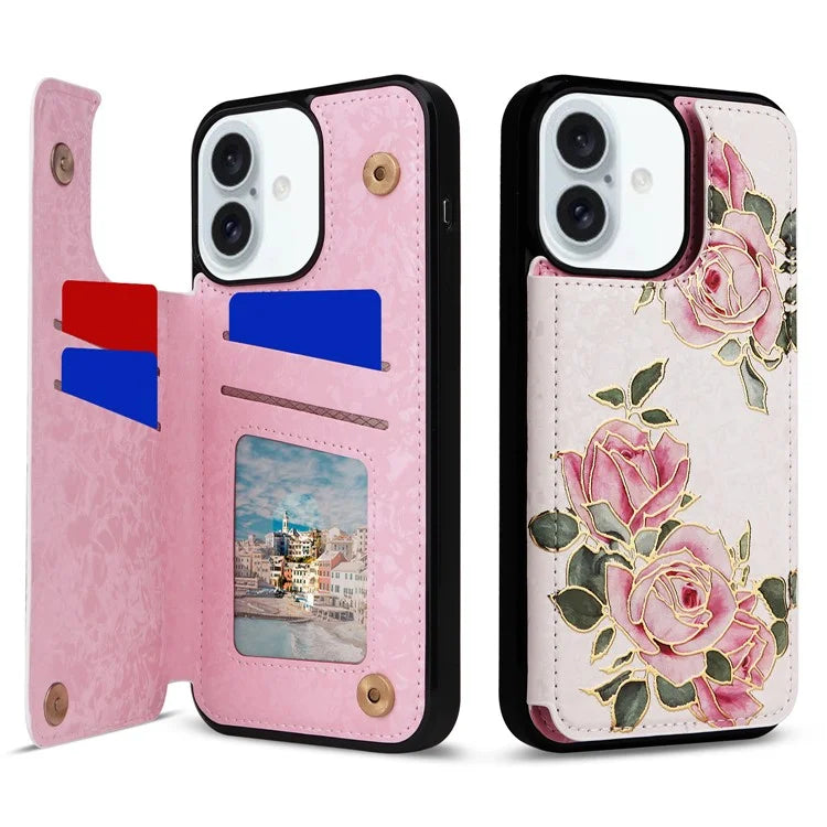 For iPhone 16 Plus Card Slots Case Flower Leather+TPU Phone Cover RFID Blocking