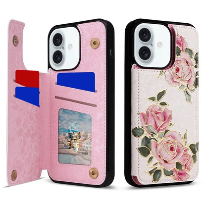 For iPhone 16 Plus Card Slots Case Flower Leather+TPU Phone Cover RFID Blocking