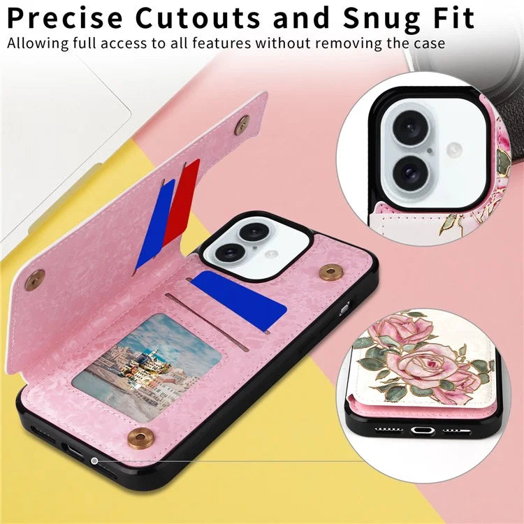 For iPhone 16 Plus Card Slots Case Flower Leather+TPU Phone Cover RFID Blocking