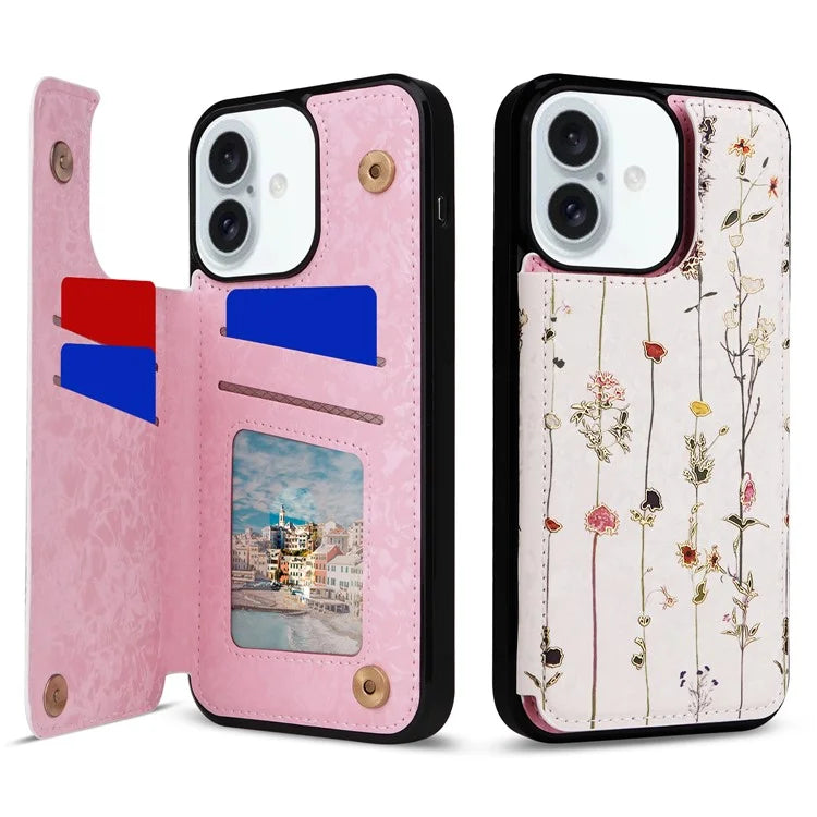For iPhone 16 Plus Card Slots Case Flower Leather+TPU Phone Cover RFID Blocking