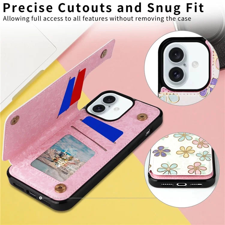 For iPhone 16 Plus Card Slots Case Flower Leather+TPU Phone Cover RFID Blocking