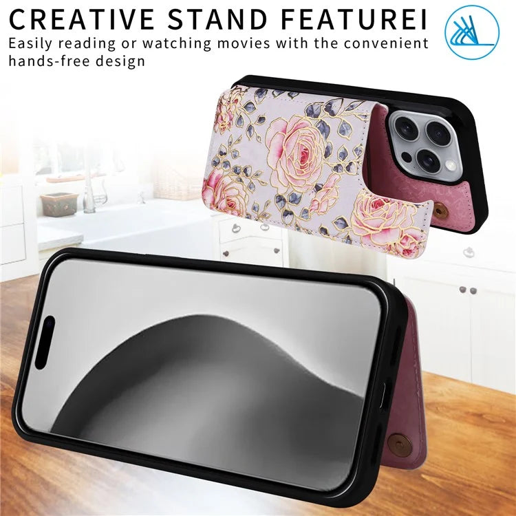 For iPhone 16 Pro Max Case Flower Leather+TPU RFID Blocking Phone Cover Card Slots