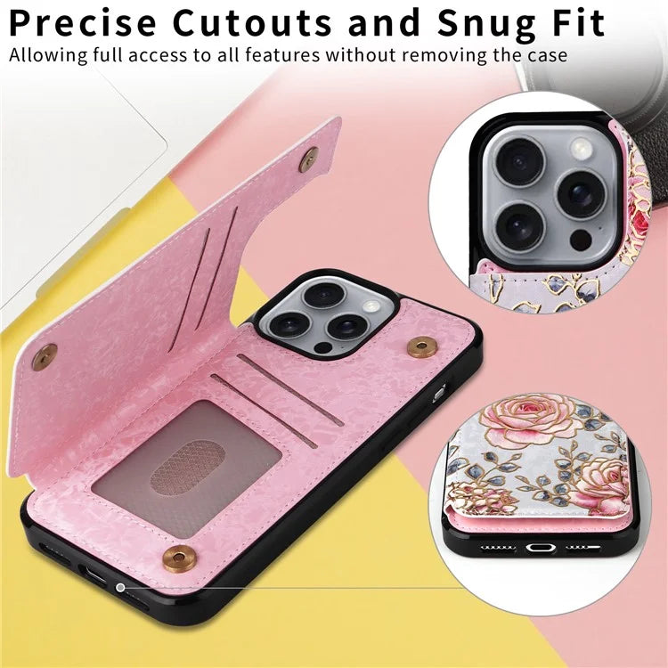For iPhone 16 Pro Max Case Flower Leather+TPU RFID Blocking Phone Cover Card Slots
