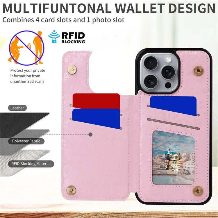 For iPhone 16 Pro Max Case Flower Leather+TPU RFID Blocking Phone Cover Card Slots