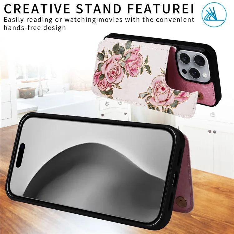 For iPhone 16 Pro Max Case Flower Leather+TPU RFID Blocking Phone Cover Card Slots