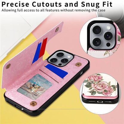 For iPhone 16 Pro Max Case Flower Leather+TPU RFID Blocking Phone Cover Card Slots