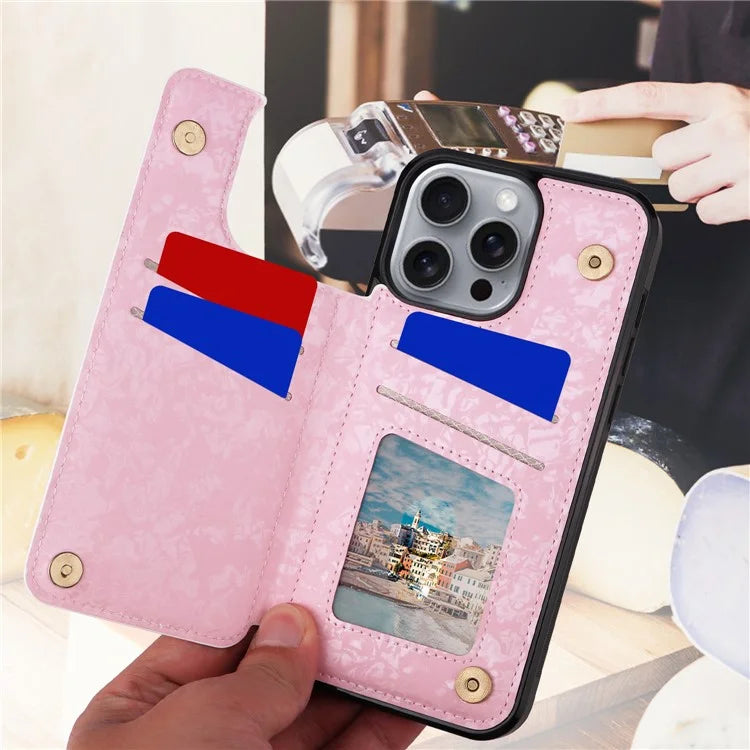 For iPhone 16 Pro Max Case Flower Leather+TPU RFID Blocking Phone Cover Card Slots