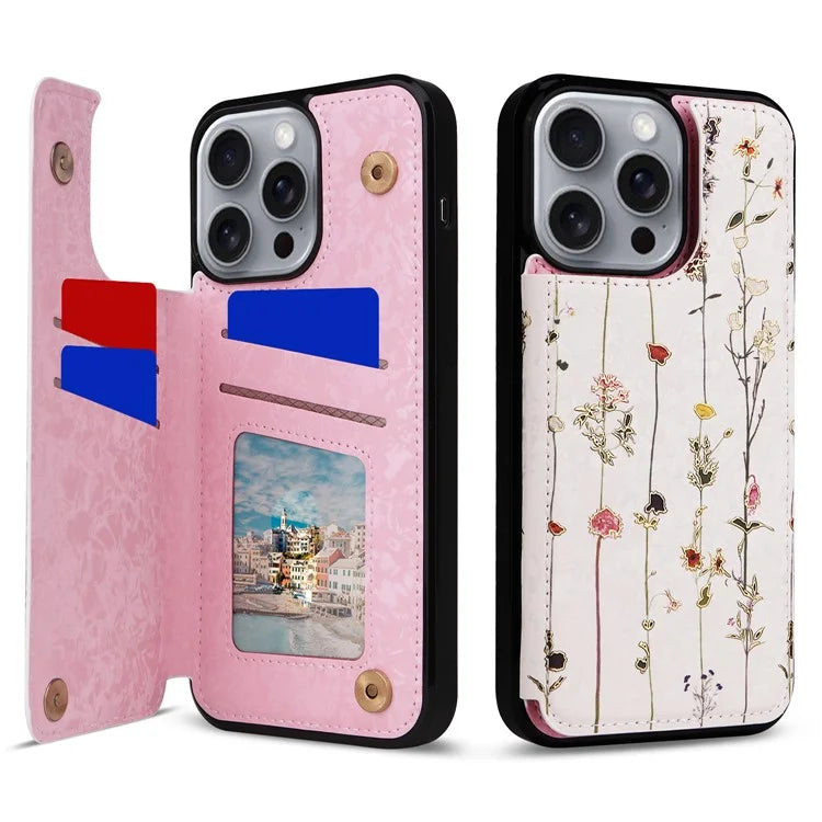 For iPhone 16 Pro Max Case Flower Leather+TPU RFID Blocking Phone Cover Card Slots