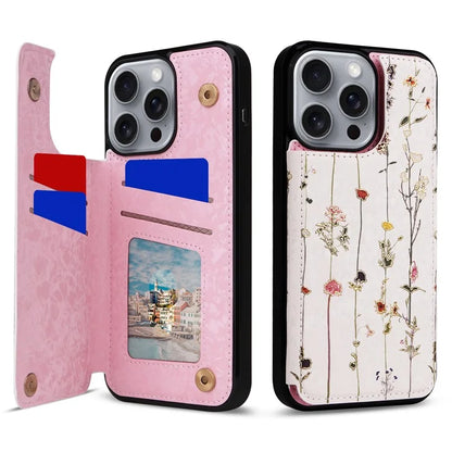 For iPhone 16 Pro Max Case Flower Leather+TPU RFID Blocking Phone Cover Card Slots