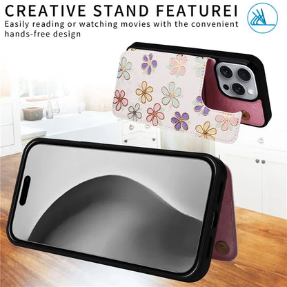 For iPhone 16 Pro Max Case Flower Leather+TPU RFID Blocking Phone Cover Card Slots