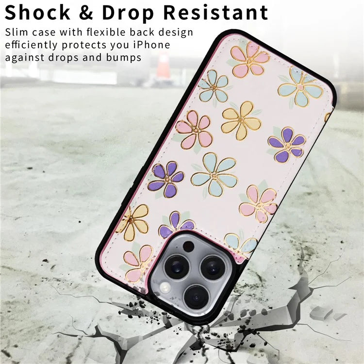 For iPhone 16 Pro Max Case Flower Leather+TPU RFID Blocking Phone Cover Card Slots