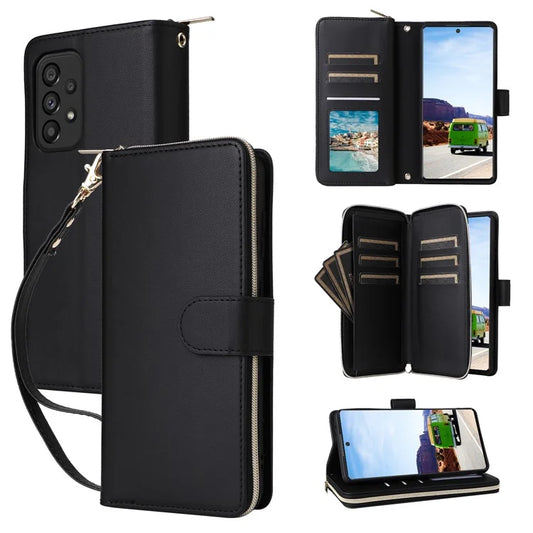 R20 For Samsung Galaxy A53 5G Case Zipper Leather Phone Cover with 9 Card Slots