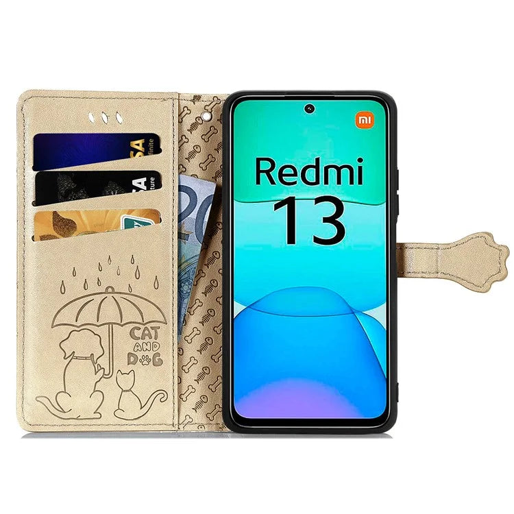 For Xiaomi Redmi 13 5G / 13 4G Case Cat Dog Imprint Leather Flip Phone Cover