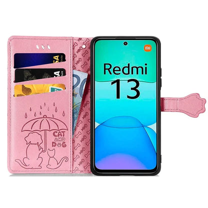 For Xiaomi Redmi 13 5G / 13 4G Case Cat Dog Imprint Leather Flip Phone Cover