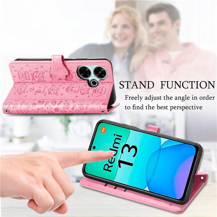 For Xiaomi Redmi 13 5G / 13 4G Case Cat Dog Imprint Leather Flip Phone Cover