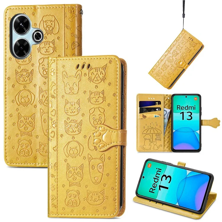 For Xiaomi Redmi 13 5G / 13 4G Case Cat Dog Imprint Leather Flip Phone Cover