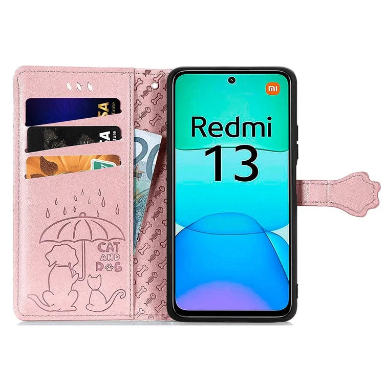 For Xiaomi Redmi 13 5G / 13 4G Case Cat Dog Imprint Leather Flip Phone Cover