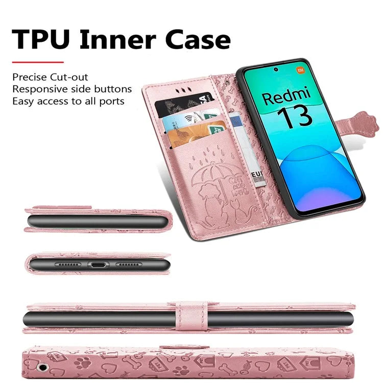 For Xiaomi Redmi 13 5G / 13 4G Case Cat Dog Imprint Leather Flip Phone Cover