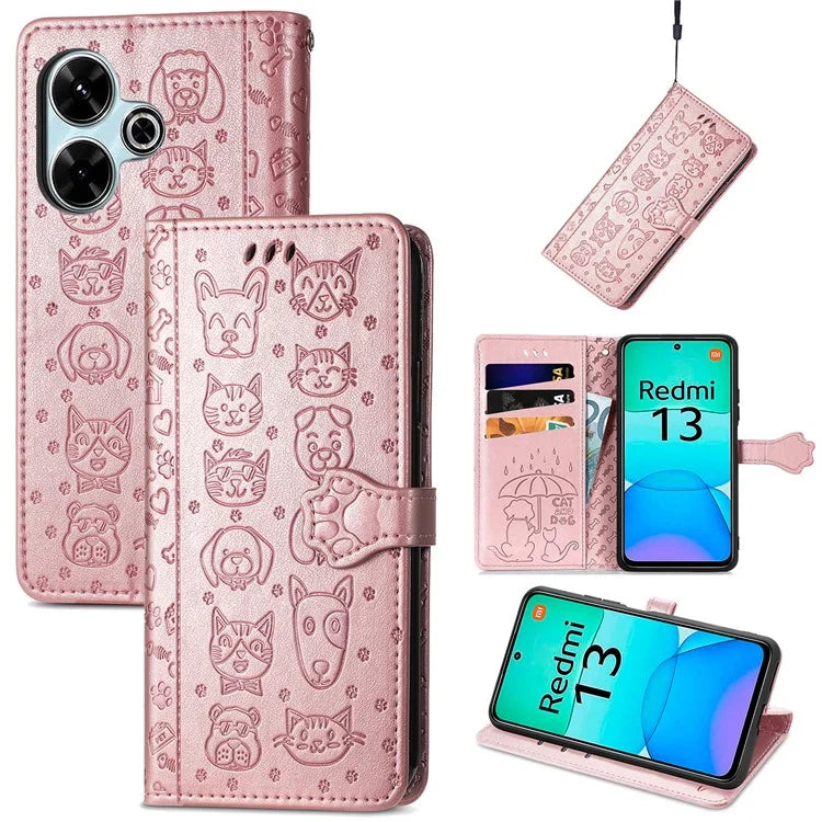 For Xiaomi Redmi 13 5G / 13 4G Case Cat Dog Imprint Leather Flip Phone Cover
