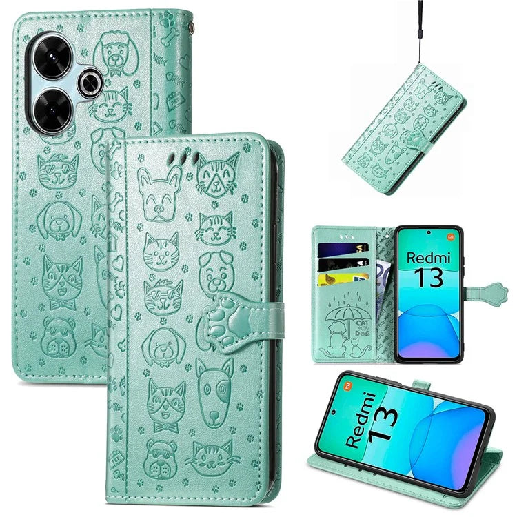 For Xiaomi Redmi 13 5G / 13 4G Case Cat Dog Imprint Leather Flip Phone Cover