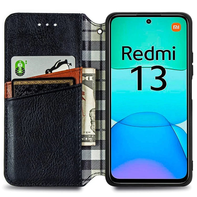 For Xiaomi Redmi 13 5G / 13 4G Case Rhombus Pattern Imprinted Leather Phone Cover Wallet Stand Card Slots