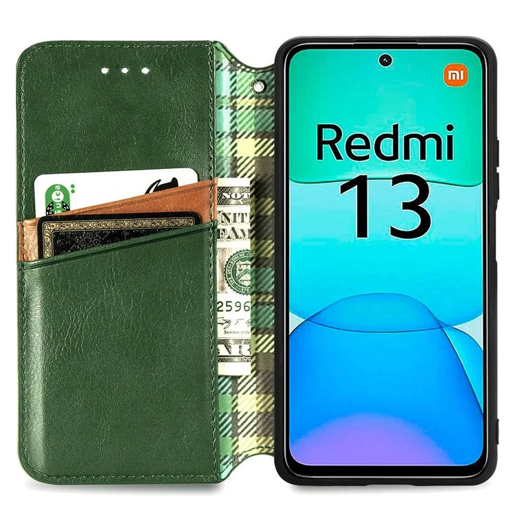 For Xiaomi Redmi 13 5G / 13 4G Case Rhombus Pattern Imprinted Leather Phone Cover Wallet Stand Card Slots