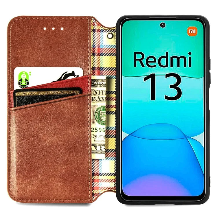 For Xiaomi Redmi 13 5G / 13 4G Case Rhombus Pattern Imprinted Leather Phone Cover Wallet Stand Card Slots