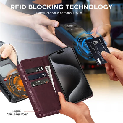 For iPhone 15 Pro Max Case RFID Blocking Wallet PU Leather Flip Phone Cover