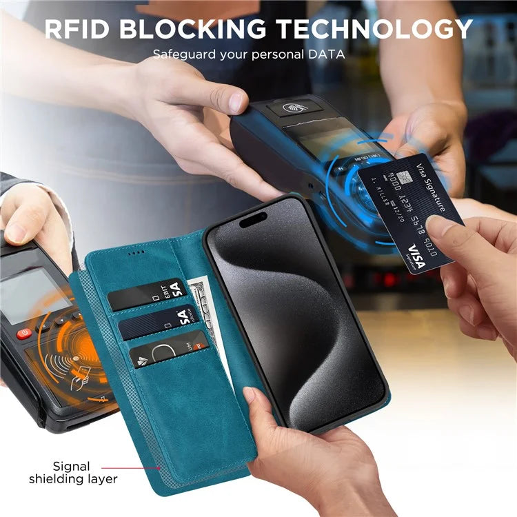 For iPhone 15 Pro Max Case RFID Blocking Wallet PU Leather Flip Phone Cover