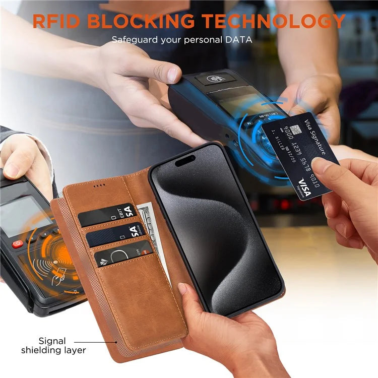 For iPhone 15 Pro Max Case RFID Blocking Wallet PU Leather Flip Phone Cover
