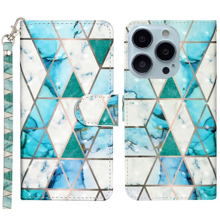 For iPhone 16 Pro Case Leather 3D Pattern Printed Phone Cover Stand Card Holder